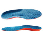Visão combinada de palmilha ortopédica X, para pés chatos, planos, pisada pronada, exibindo a face superior texturizada em azul com suporte de metatarso e a vista em perfil lateral evidenciando a elevação para arco alto sobre fundo branco