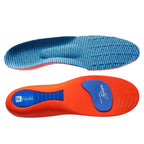Visão horizontal dupla de palmilha ortopédica X, para pés chatos, planos, pisada de pronação, exibindo a face superior em tecido texturizado azul e a base inferior com amortecedores azuis no calcanhar e metatarso sobre fundo branco