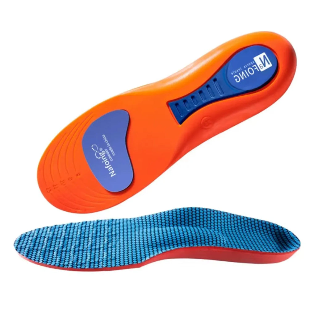 Palmilha ortopédica X, para pés chatos, planos, pisada pronada, em gel na cor laranja, exibindo a base inferior com amortecedores azuis e o perfil lateral com suporte para o arco plantar sobre fundo branco. Dia-a-dia e esporte