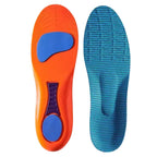 Visão vertical dupla da palmilha ortopédica X, para pés chatos, planos, pisada pronada, exibindo o lado inferior com linhas de recorte guia para ajuste de tamanho e a face superior revestida em tecido azul com textura favo de mel sobre fundo branco
