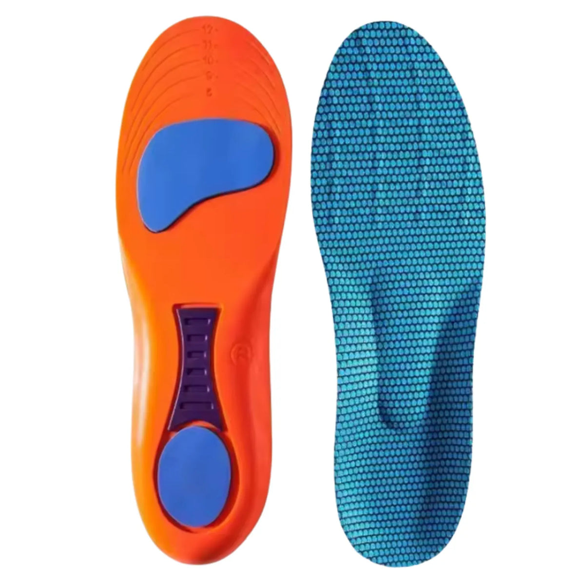 Visão vertical dupla da palmilha ortopédica X, para pés chatos, planos, pisada pronada, exibindo o lado inferior com linhas de recorte guia para ajuste de tamanho e a face superior revestida em tecido azul com textura favo de mel sobre fundo branco