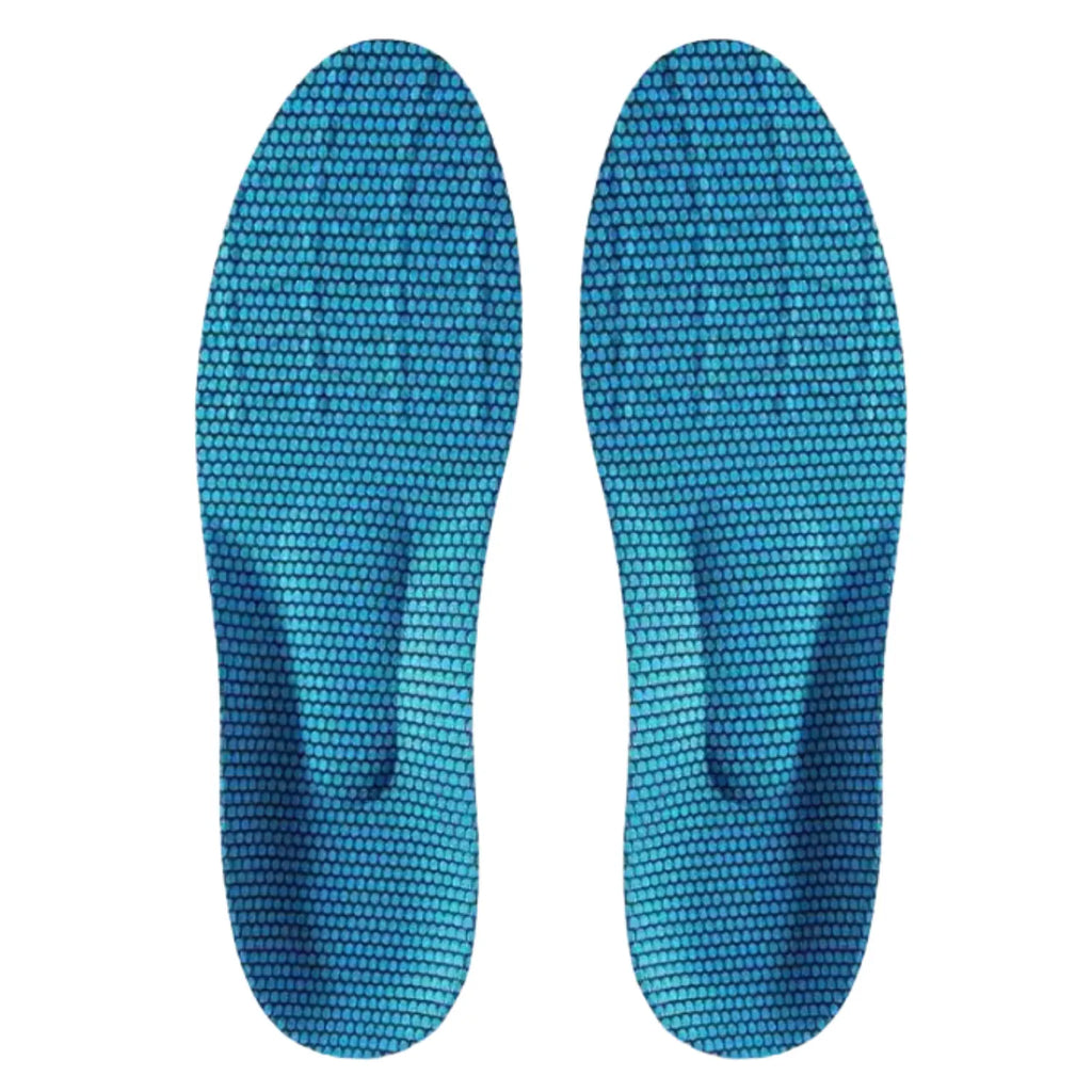 Visão aérea superior de um par de palmilhas ortopédicas X esportivas azul/laranja, para pés chatos, planos, pisada pronada, exibindo o revestimento completo em tecido azul texturizado com padrão favo de mel respirável sobre fundo branco