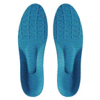 Visão aérea superior de um par de palmilhas ortopédicas X esportivas azul/laranja, para pés chatos, planos, pisada pronada, exibindo o revestimento completo em tecido azul texturizado com padrão favo de mel respirável sobre fundo branco