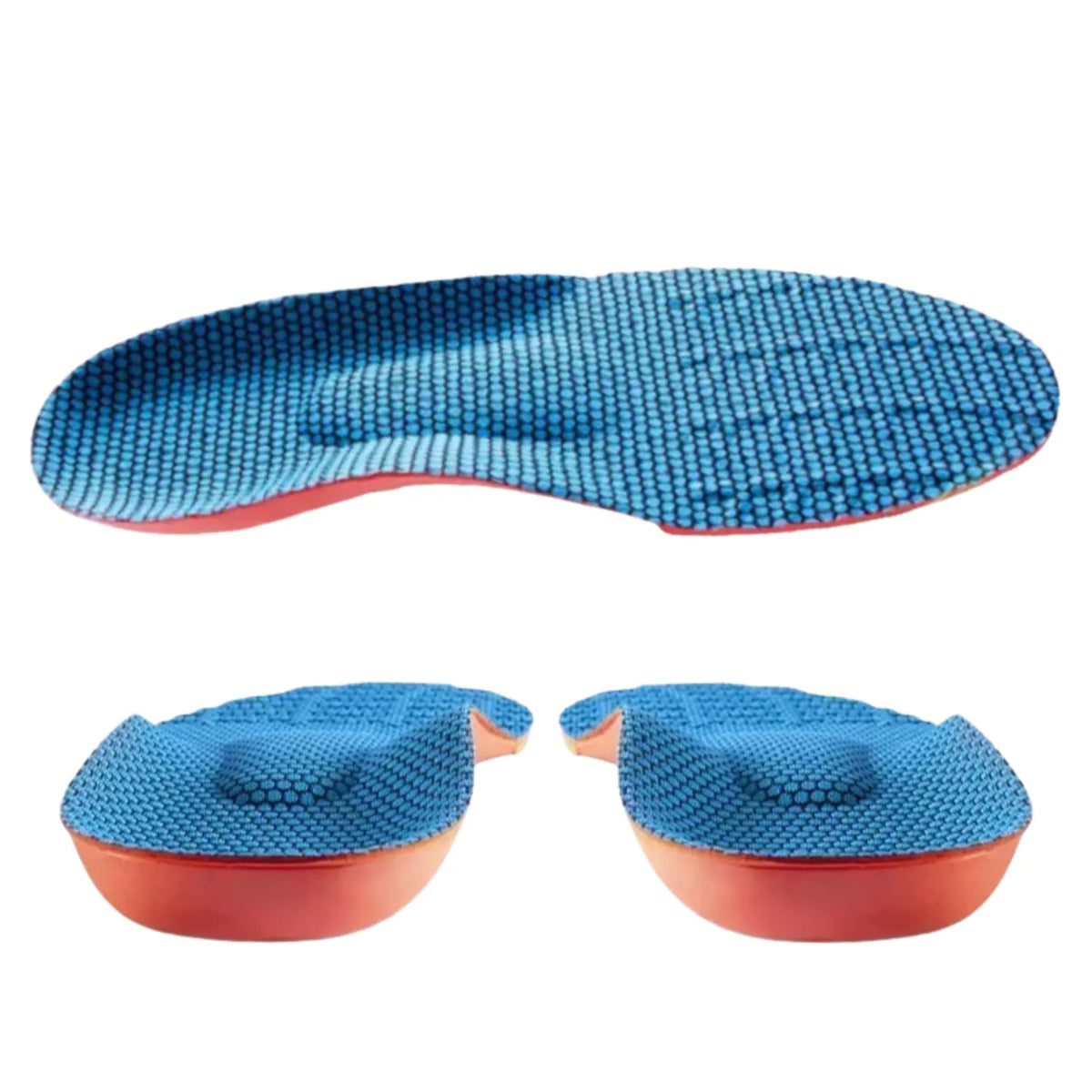 Composição com três visões de palmilha ortopédica X, para pés chatos, planos, pisada pronada, exibindo a face superior azul texturizada e duas imagens inferiores focadas na estrutura profunda do calcanhar em formato de U sobre fundo branco