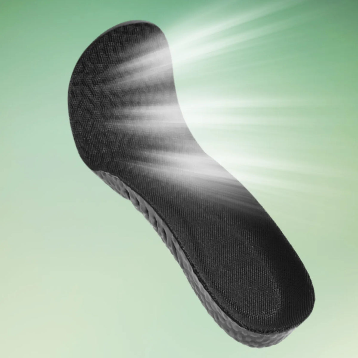 Palmilha ortopédica X preta, para pés chatos, planos, e pisada pronada, em ângulo inclinado contra fundo verde gradiente com feixes de luz cruzando a estrutura, destacando a malha respirável superior antiderrapante e a lateral moldada