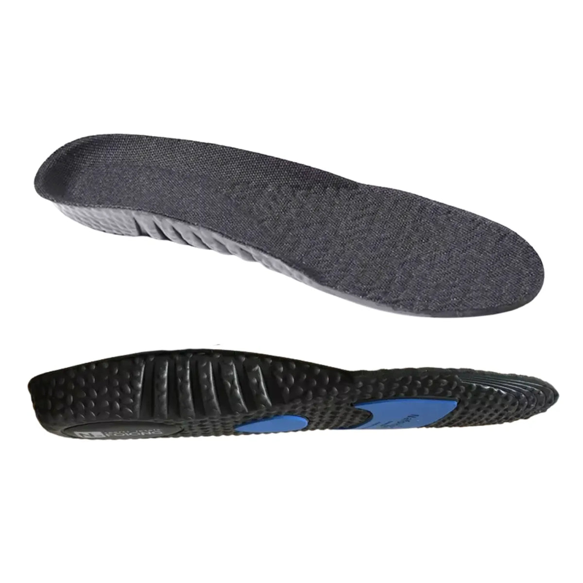 Apresentação dupla de palmilha ortopédica X na cor preta, para pés chatos, planos, pisda pronada, mostrando a face superior com revestimento em tecido texturizado escuro e o perfil inferior antiderrapante com amortecedores azuis em relevo sobre fundo branco
