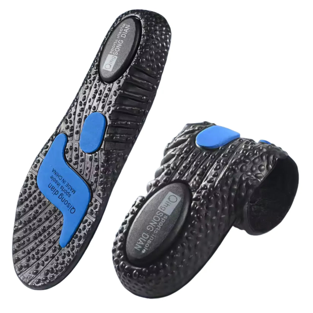 Composição dupla de palmilha ortopédica X preta, para pés chatos, planos, pisada pronada, exibindo o solado inferior plano com textura massageadora e pontos de amortecimento em gel azul ao lado de uma unidade totalmente dobrada em espiral sobre fundo branco