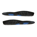 Exibição dupla em perfil lateral de palmilha ortopédica X na cor preta, para pés chatos, planos, pisada pronada,  destacando os relevos antiderrapantes, a curvatura anatômica do arco médio e os amortecedores em gel azul na base sobre fundo branco