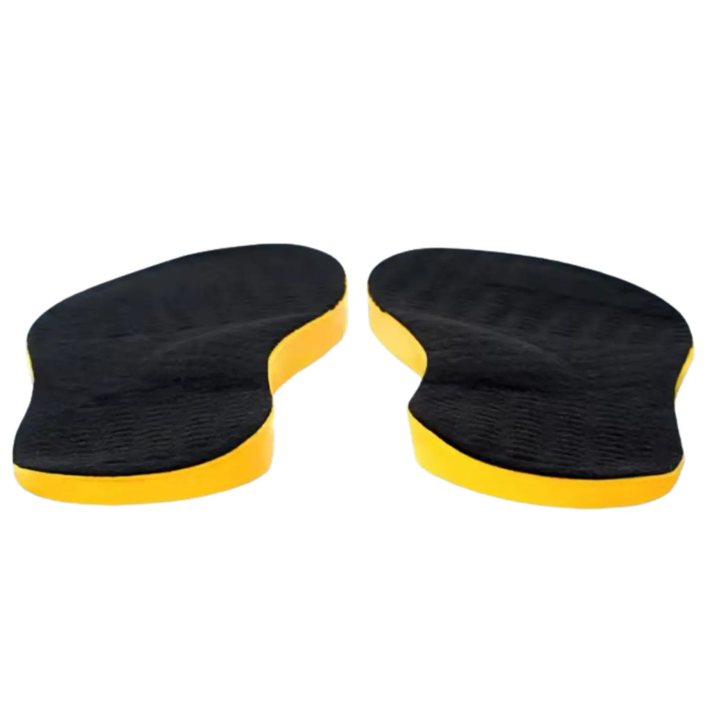 Par de palmilhas ortopédicas X pretas, para pés chatos, planos, pisada pronada, com suporte de arco elevado, desenhadas para alívio de dores e correção de pés chatos e planos Universo Vigor Saúde