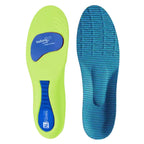 Vista vertical de dois lados da palmilha esportiva verde-limão, detalhando a base inferior ergonômica com amortecedores azuis e a face superior em tecido azul texturizado respirável sobre fundo branco