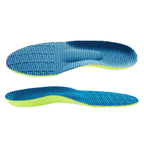 Apresentação dupla de palmilha esportiva verde-limão mostrando a face superior com textura azul antiderrapante e o perfil lateral destacando o suporte firme para o arco do pé sobre fundo branco