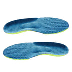 Visão em perspectiva superior de um par de palmilhas esportivas na cor verde-limão, evidenciando o tecido texturizado azul em padrão colmeia, a elevação ergonômica para o metatarso e o suporte anatômico de arco sobre fundo branco