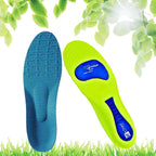 Par de palmilhas esportivas ortopédicas X, para pés chatos, planos, pisada pronada, verde-limão e azul com zonas de gel azul para amortecimento e suporte do arco plantar em ambiente natural Universo Vigor Saúde
