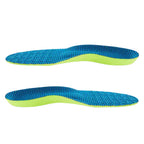 Apresentação dupla em perfil lateral de palmilha esportiva na cor verde-limão com tecido superior azul texturizado, evidenciando o design anatômico para sustentação do arco do pé sobre fundo branco