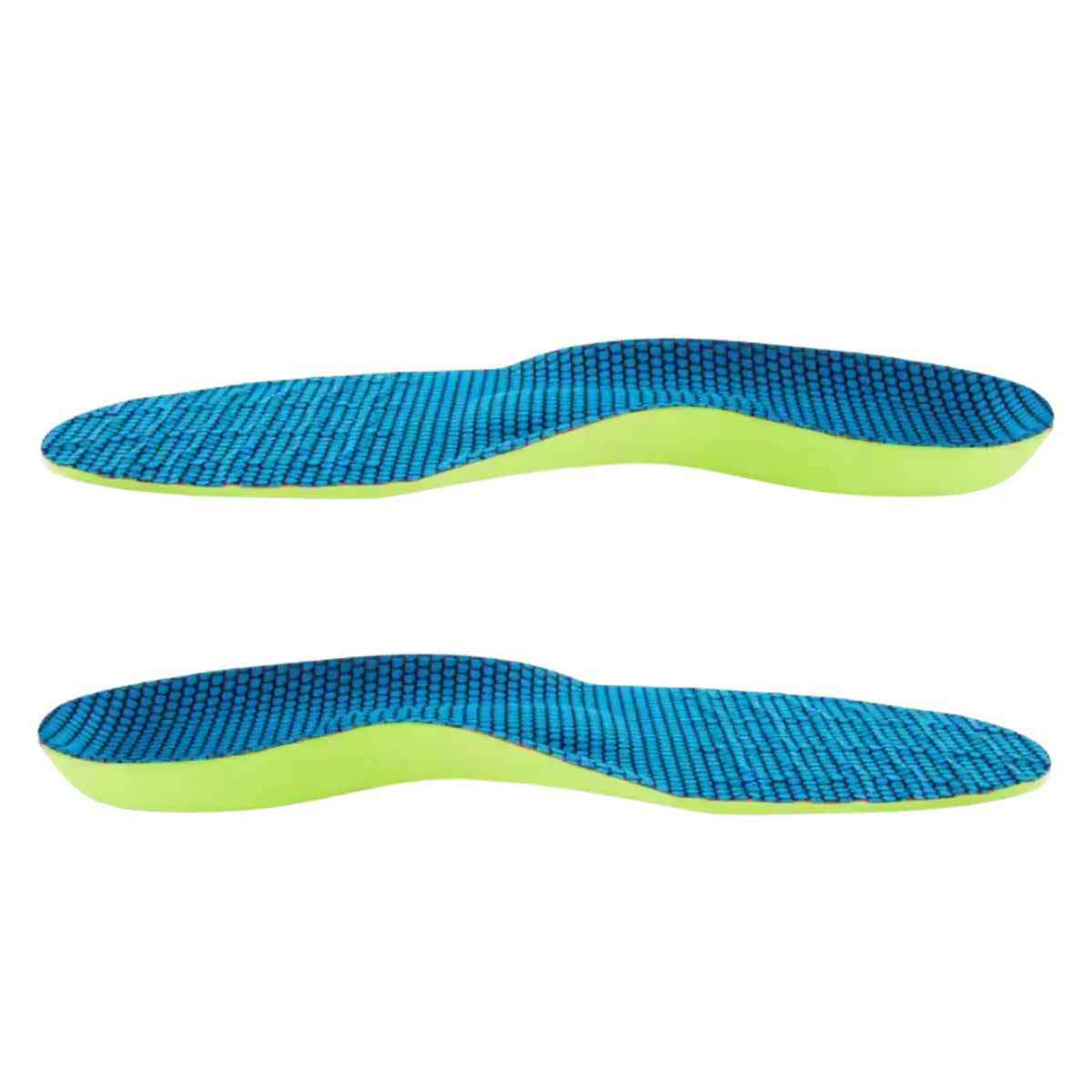 Apresentação dupla em perfil lateral de palmilha esportiva na cor verde-limão com tecido superior azul texturizado, evidenciando o design anatômico para sustentação do arco do pé sobre fundo branco