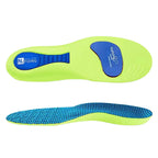 Apresentação combinada de palmilha esportiva verde-limão mostrando a face inferior com placas azuis de amortecimento de impacto e o perfil lateral destacando o tecido superior texturizado azul sobre fundo branco