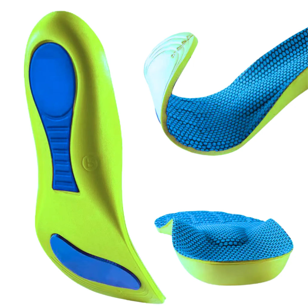 Composição de três ângulos da palmilha esportiva verde-limão, mostrando o solado inferior anatômico, a flexibilidade do antepé curvado e o detalhe superior do relevo de suporte central sobre fundo branco