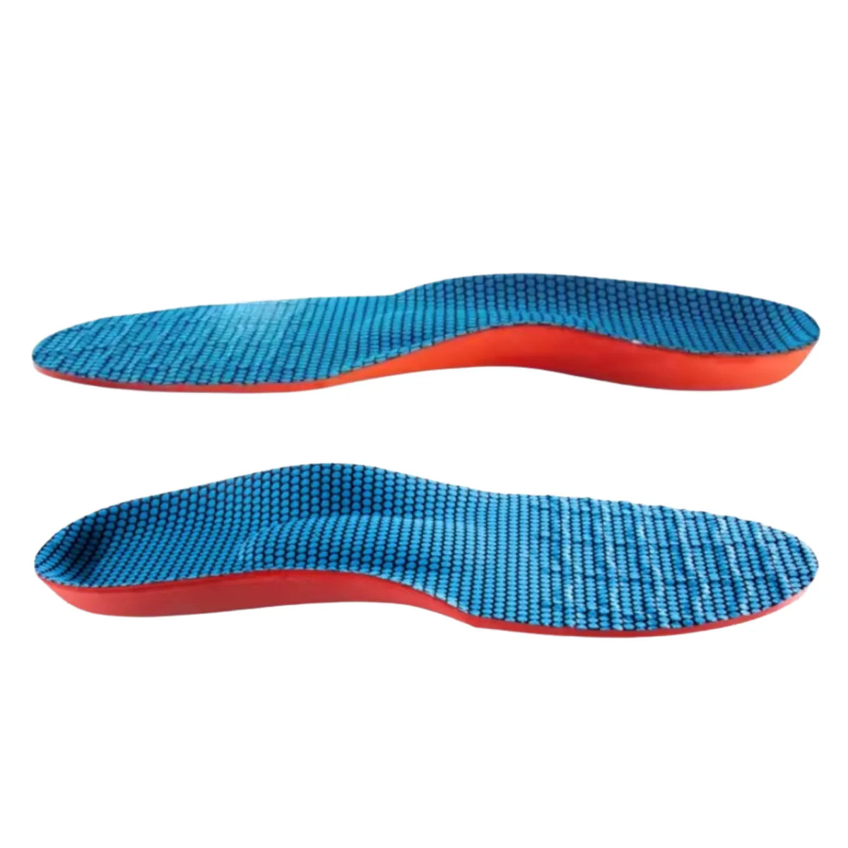 Visão dupla de perfil lateral de palmilha ortopédica X, para pés chatos, planos, pisada pronada, na cor laranja com revestimento superior em malha azul texturizada, destacando a curvatura ergonômica de suporte ao arco plantar sobre fundo branco