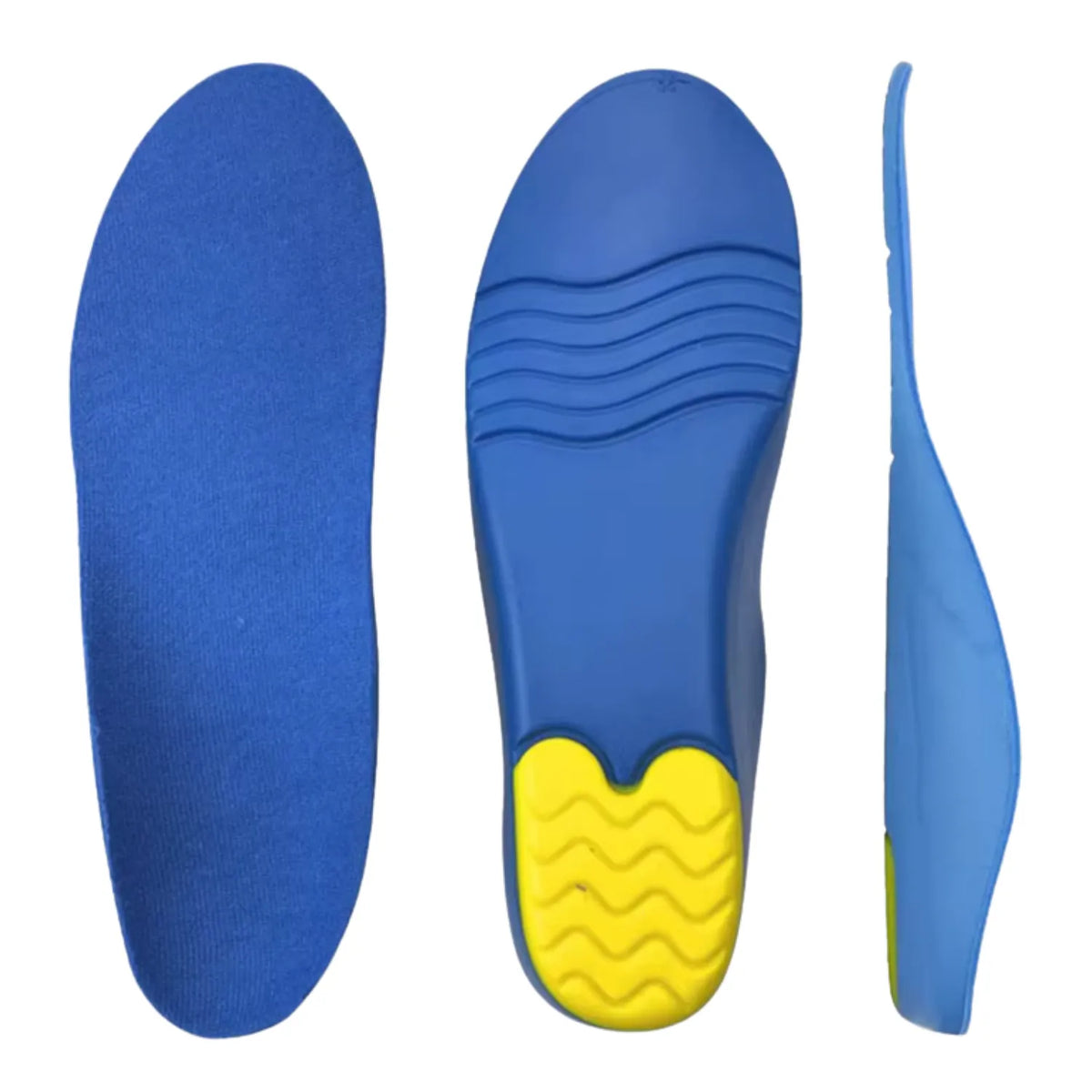 Três visões técnicas da palmilha ortopédica X infantil 3d azul, para pés chatos, planos, pisada pronada, exibindo a face superior de veludo, a base com amortecedor amarelo e o perfil lateral ergonômico Universo Vigor Saúde