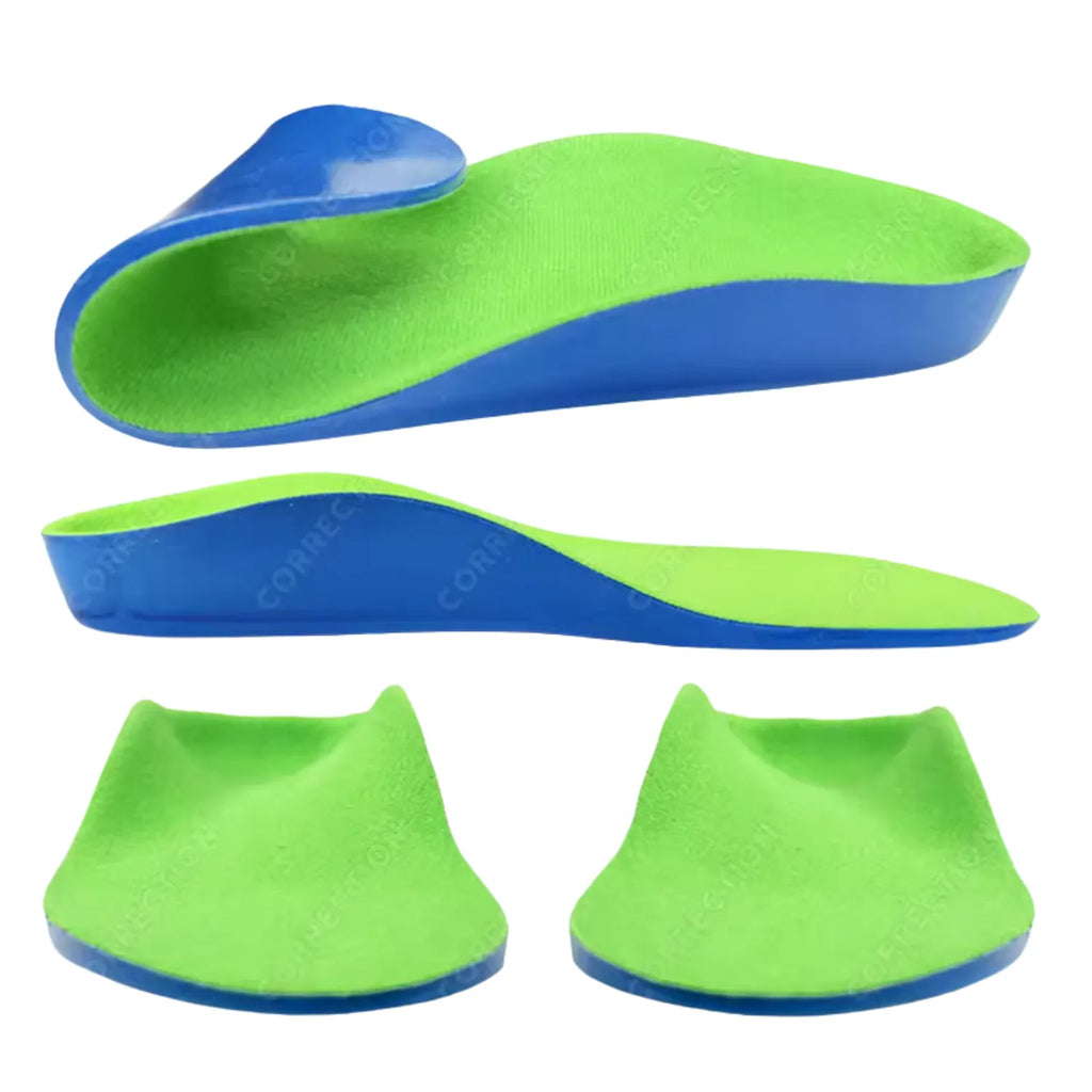 Palmilha XO ortopedica infantil 3D: composição de três ângulos técnicos explicando o suporte lateral e o alinhamento do pé, para pés chatos, planos, pisada pronada