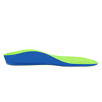 Vista de perfil lateral da palmilha ortopedica X infantil 3D, para pés chatos, planos, pisada pronada, demonstrando a espessura fina na frente e a elevação ergonômica