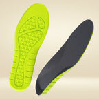 Vista superior e inferior do par de palmilhas ortopédicas X de silicone esportivas, para pés chatos, planos, pisada pronada, destacando o suporte de arco elevado e o design ergonômico Universo Vigor Saúde