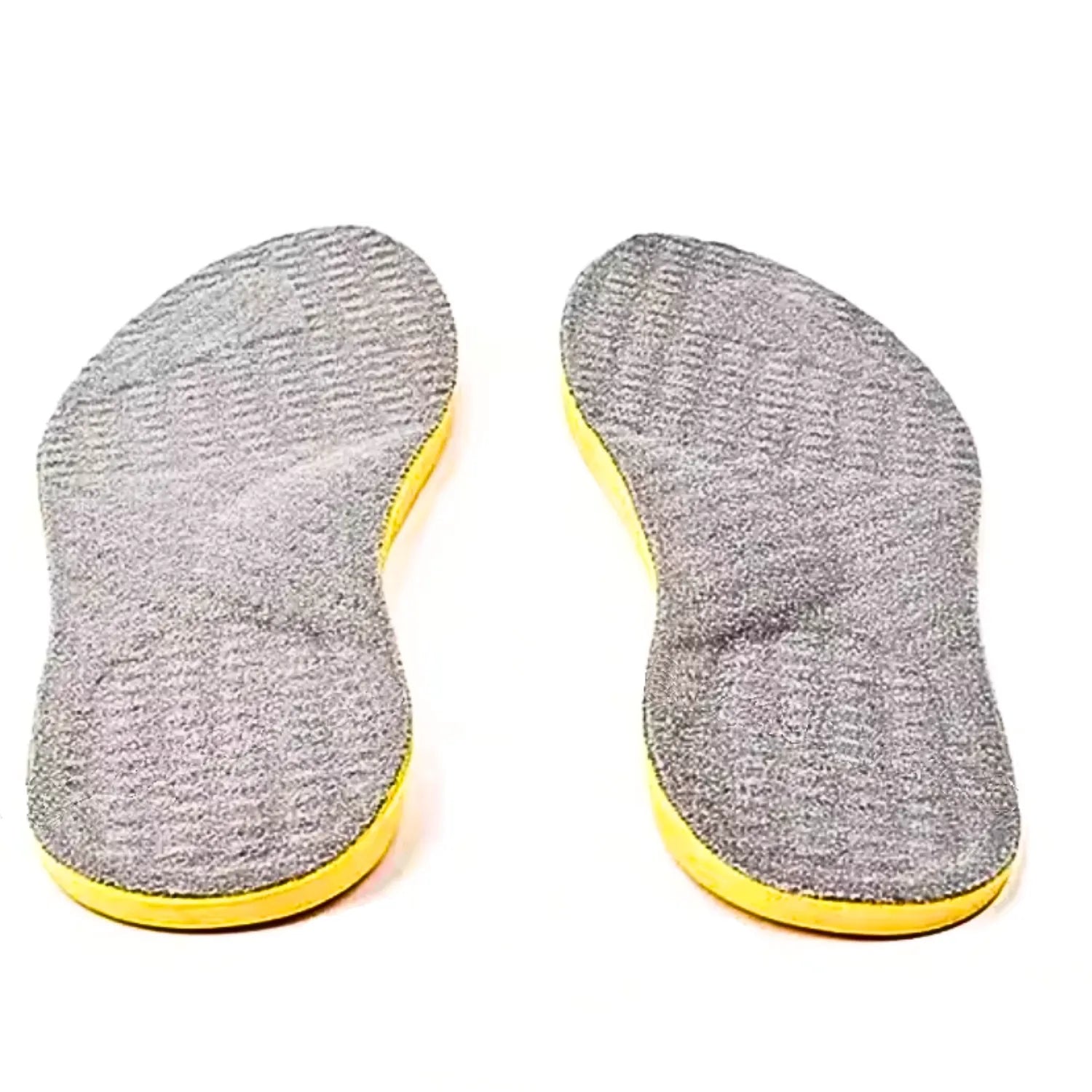Par de palmilhas ortopédicas cinza com suporte de arco elevado, ideal para correção e conforto de pés chatos e planos Universo Vigor Saúde.